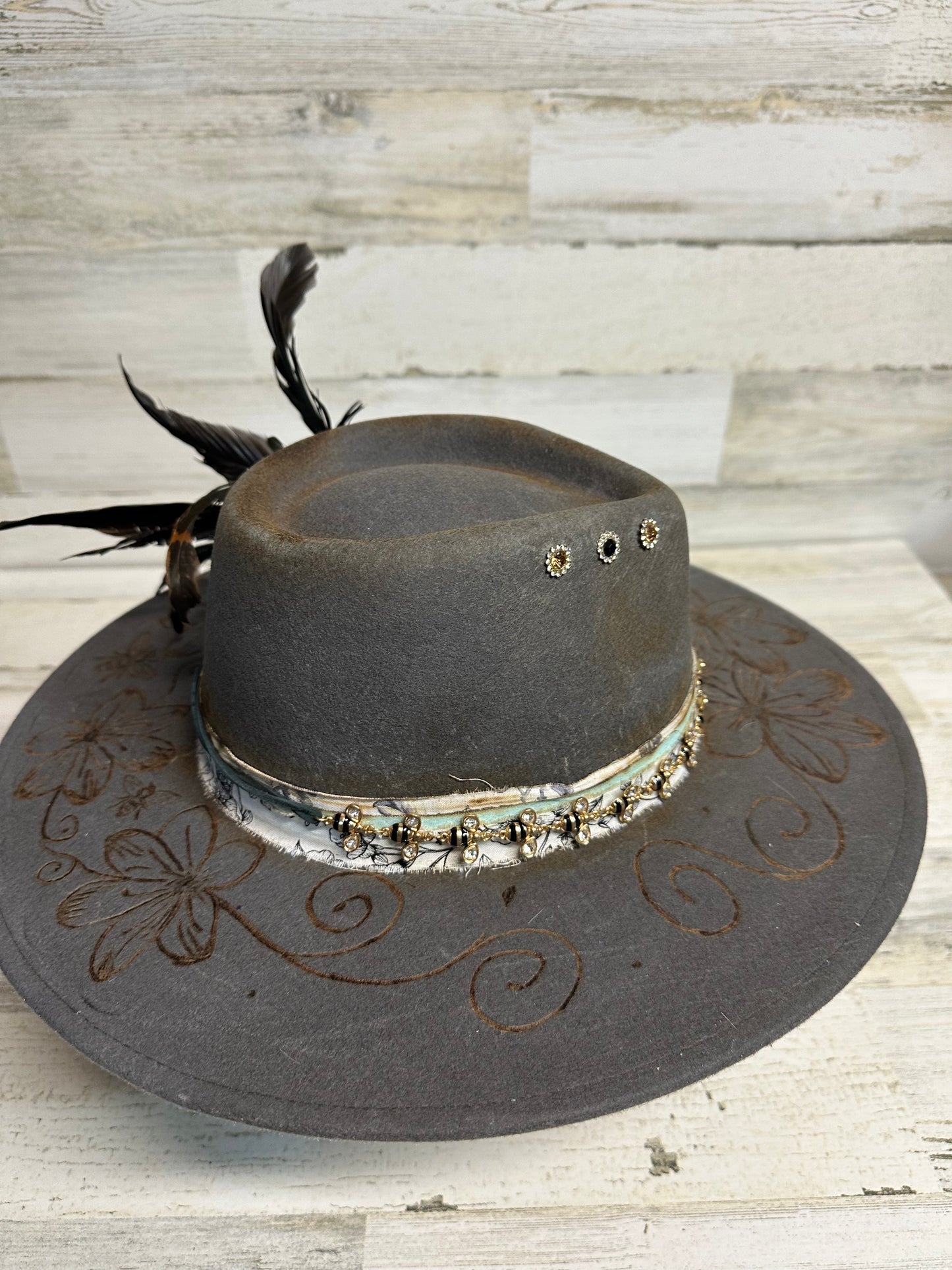 Beautifully Broken Gray Custom Cowgirl Hat by Calamity Anne