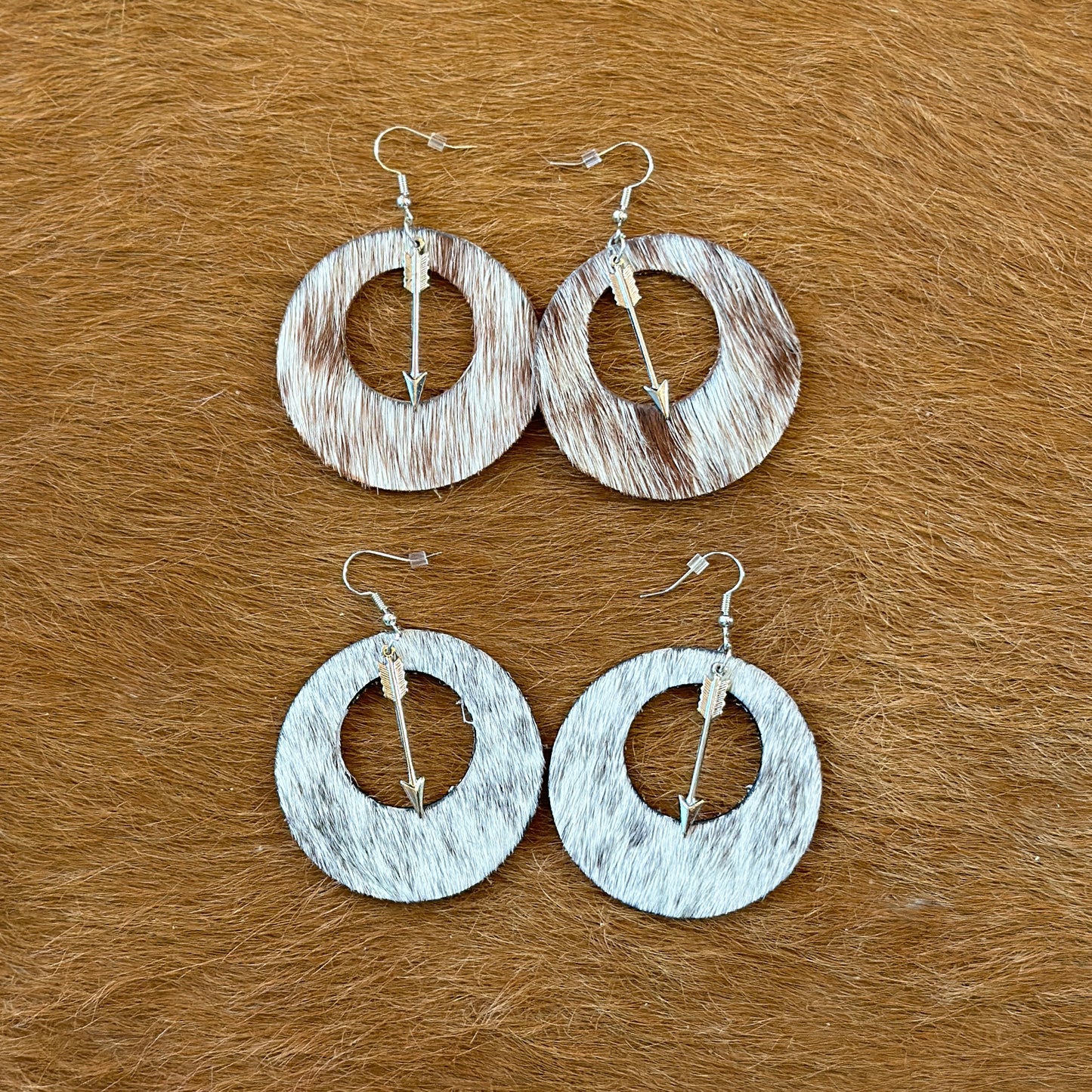 Round Hair-on-Hide Earrings with Arrow - Western Jewelry