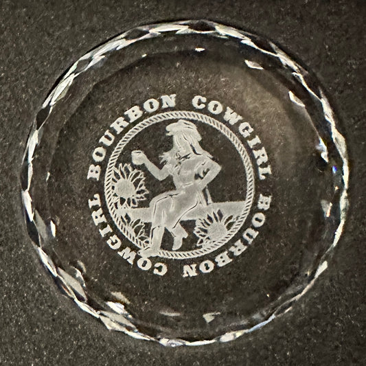 Glass coaster with Bourbon Cowgirl design.