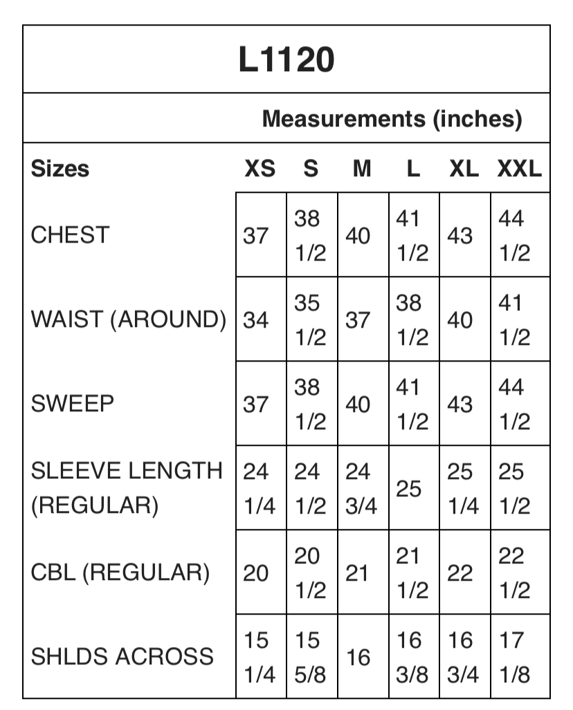 L1120 Measurements Chart - Chest, Waist, Sleeve Length, etc.