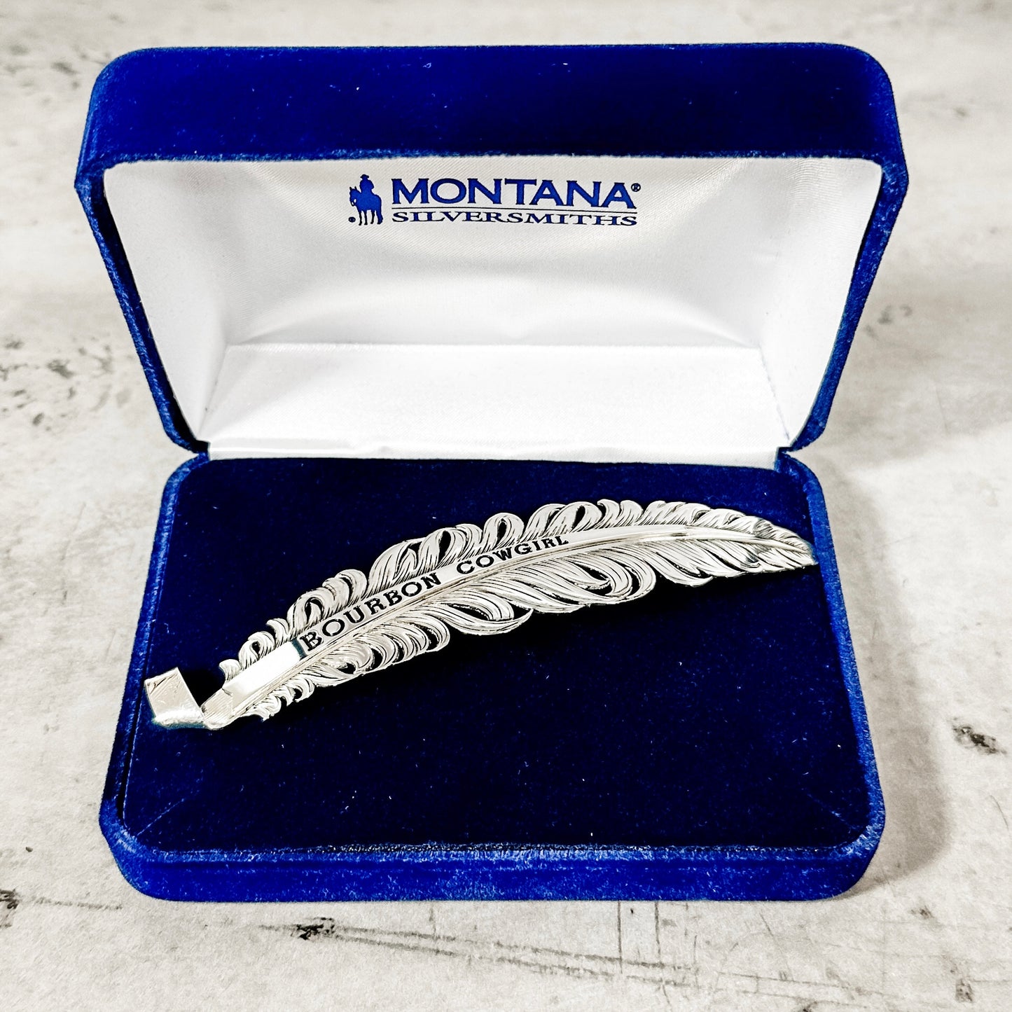 Montana Silversmiths Bourbon Cowgirl feather pin in box