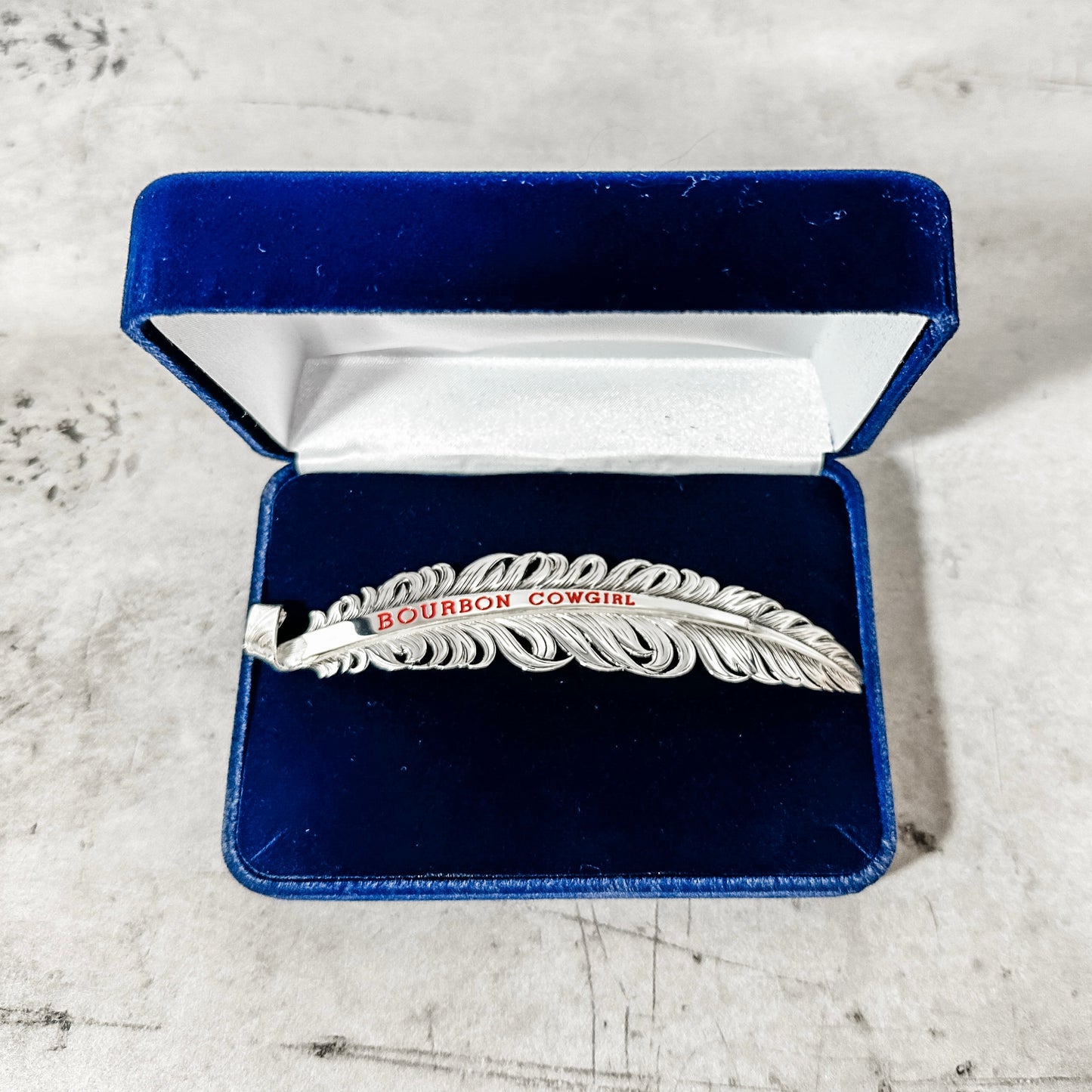 Bourbon Cowgirl feather pin in velvet box - IMG_5914_2