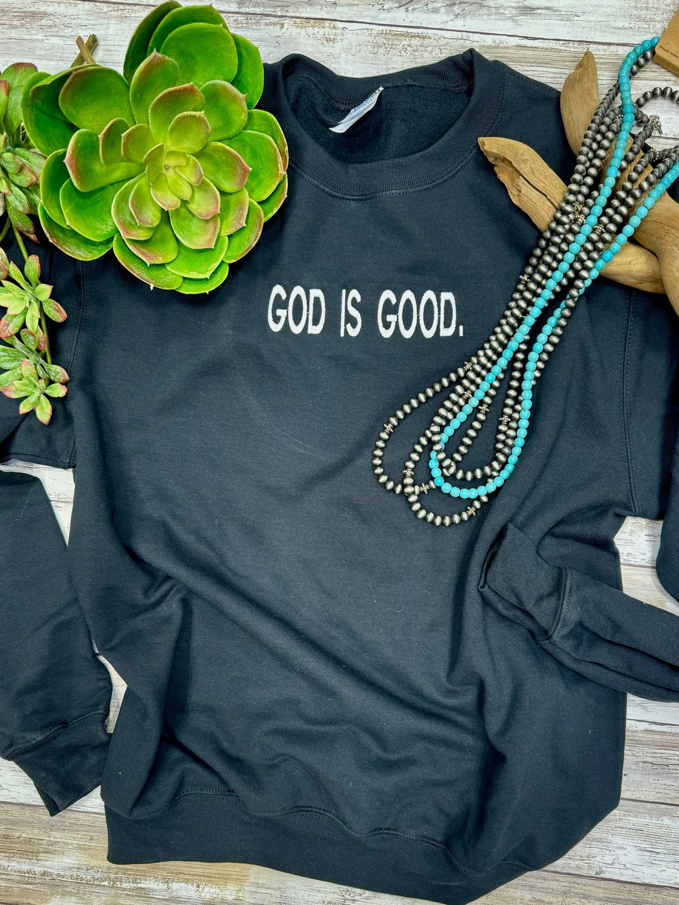 Black God Is Good sweatshirt with turquoise necklace