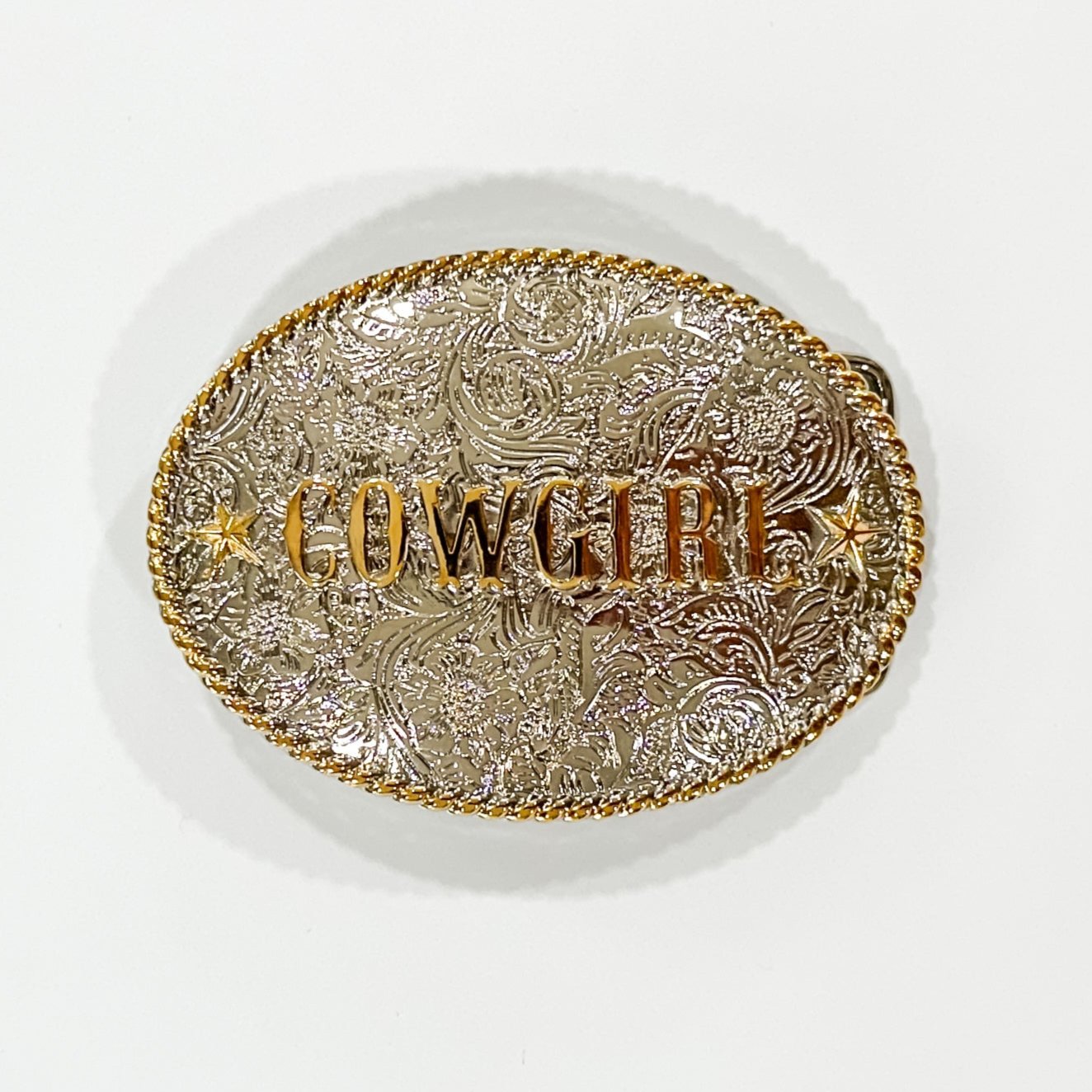 Oval silver and gold Cowgirl belt buckle.