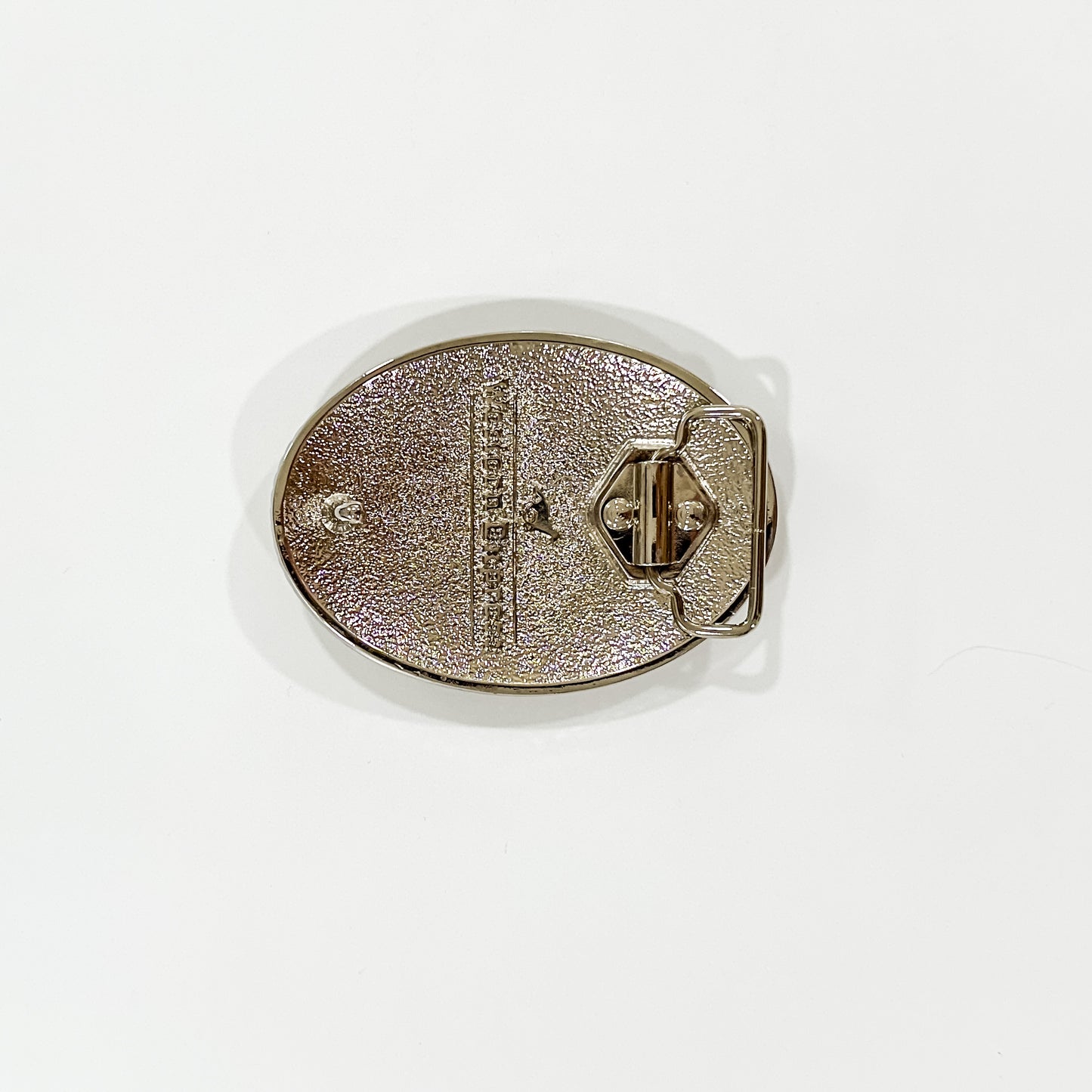 Silver oval belt buckle on white background.
