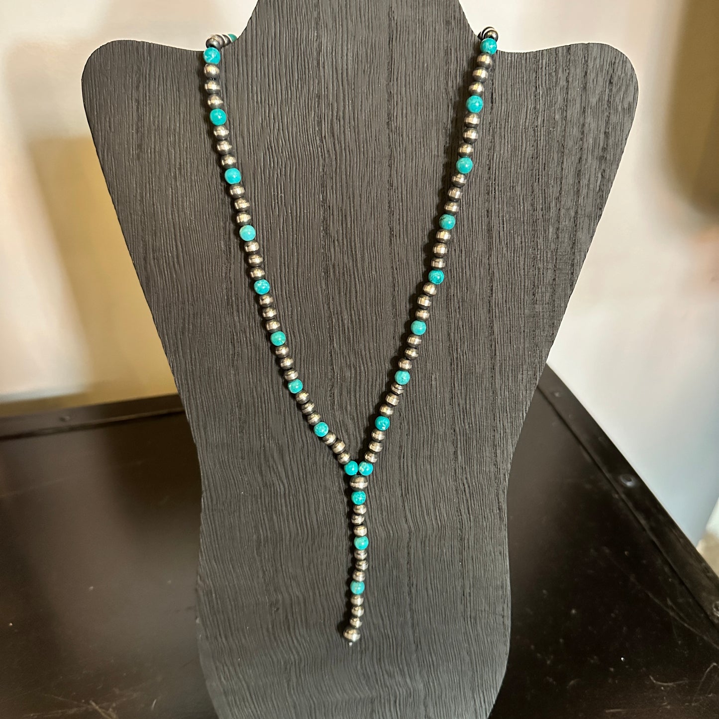 Silver Pearl and Turquoise Bead Lariat Necklace