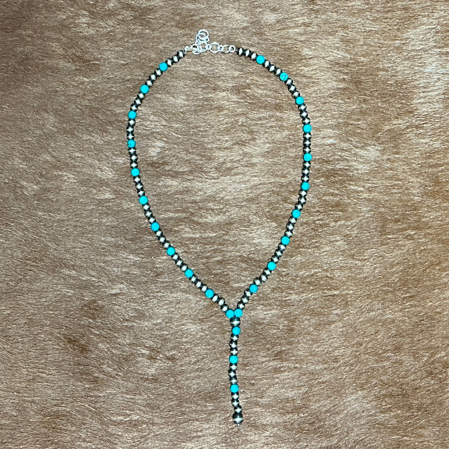 Silver Pearl and Turquoise Bead Lariat Necklace