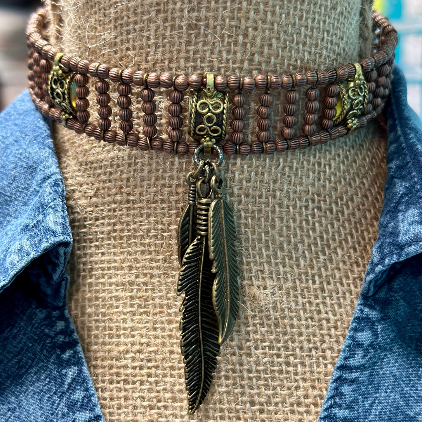 Memory Choker With Feathers Copper Necklace - Amy Kaplan for Bourbon Cowgirl