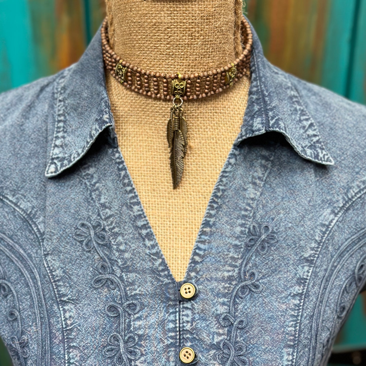 Memory Choker With Feathers Copper Necklace - Amy Kaplan for Bourbon Cowgirl