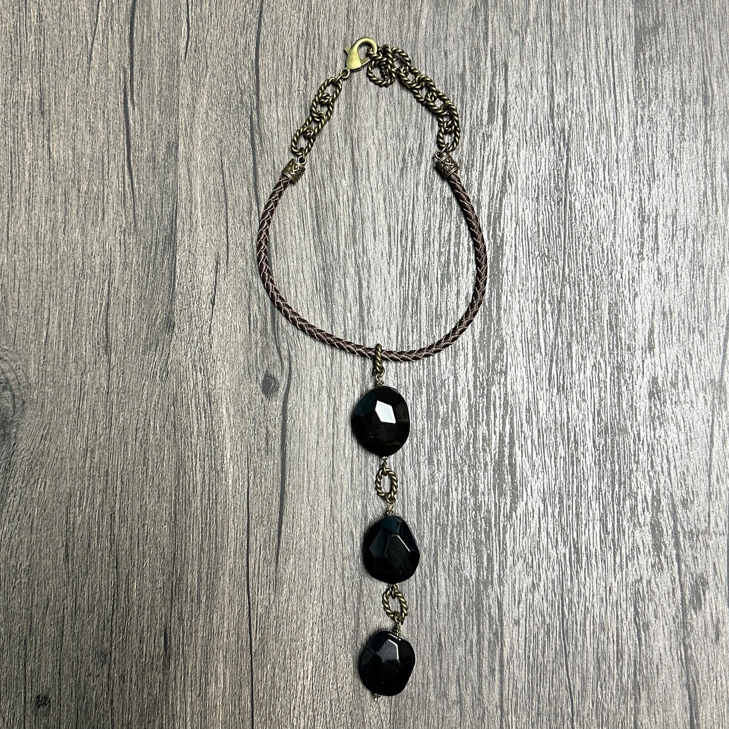 Obsidian on Braided Leather Necklace- Amy Kaplan for Bourbon Cowgirl