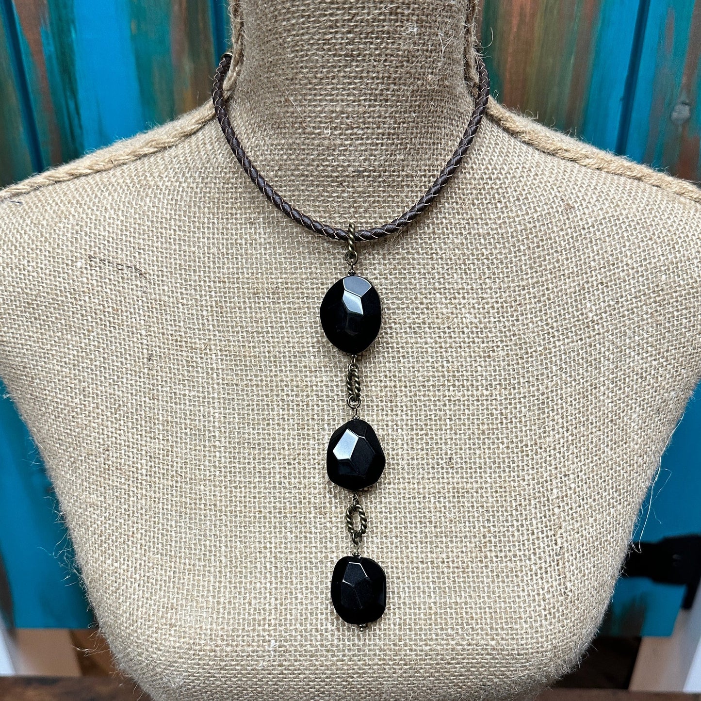 Obsidian on Braided Leather Necklace- Amy Kaplan for Bourbon Cowgirl