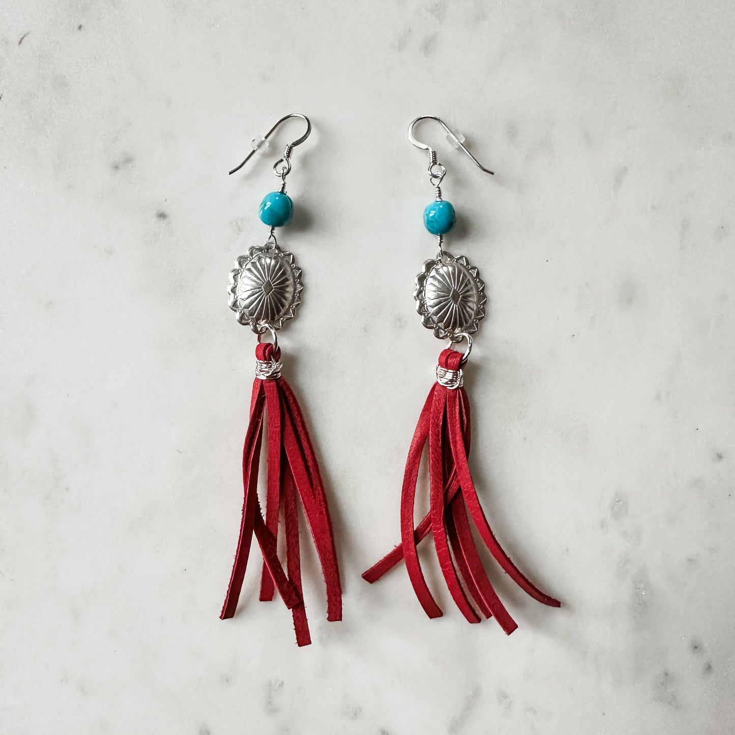 Concho and Turquoise Earrings with Leather Fringe - Quetzal