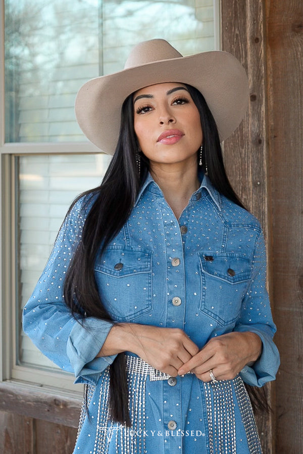 Stone Wash Denim Stretch Rhinestone Button Down Collared Dress