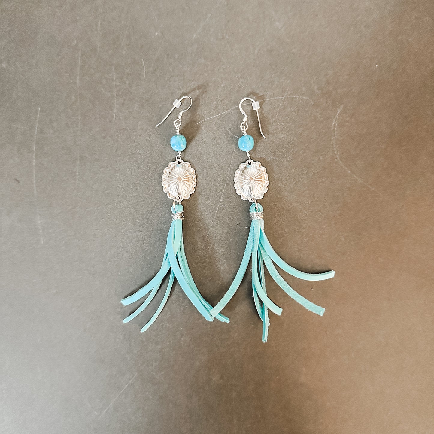 Concho and Turquoise Earrings with Leather Fringe - Quetzal