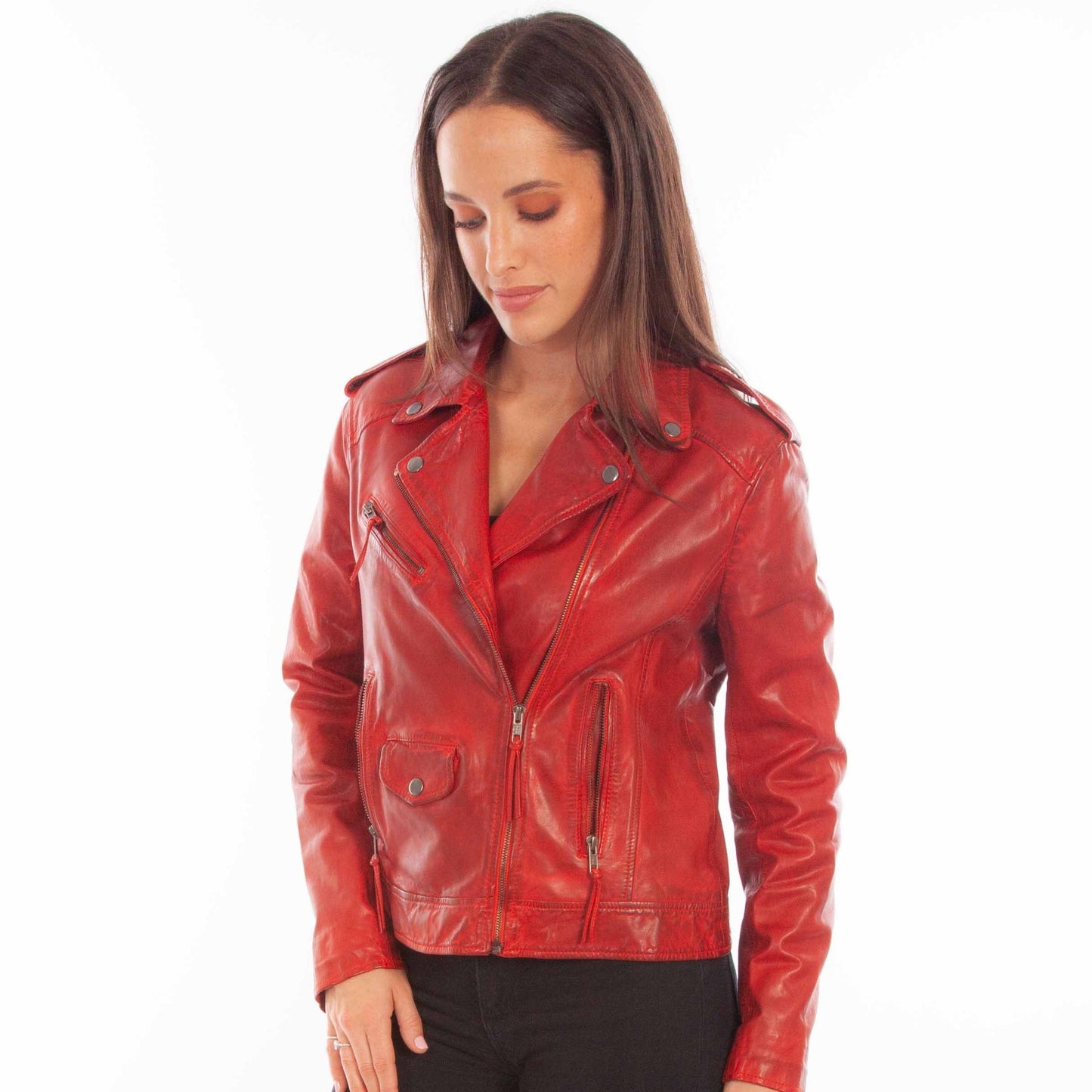 L1105-135 Red Leather Jacket on Woman