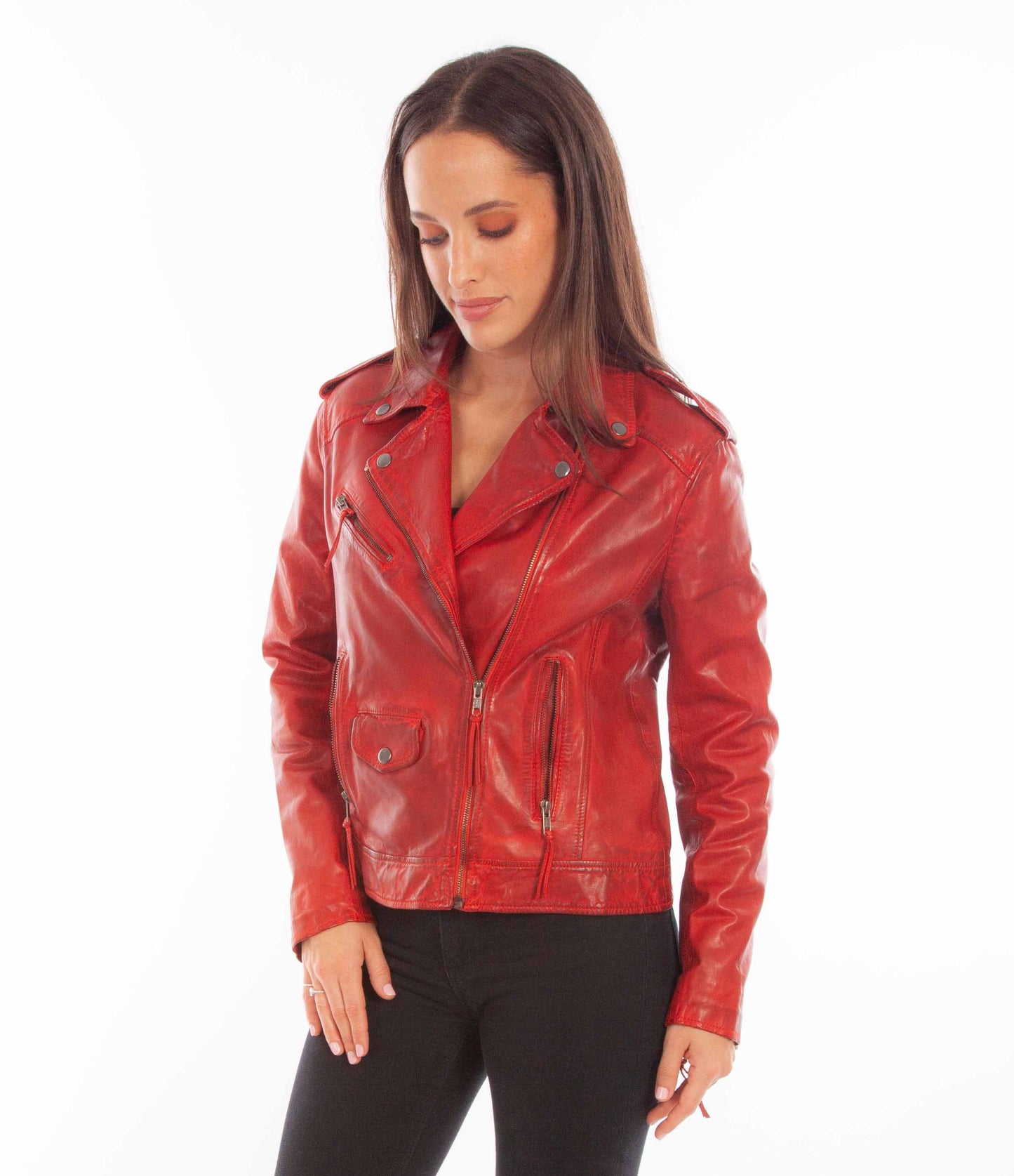 Red leather jacket L1105-135 on woman