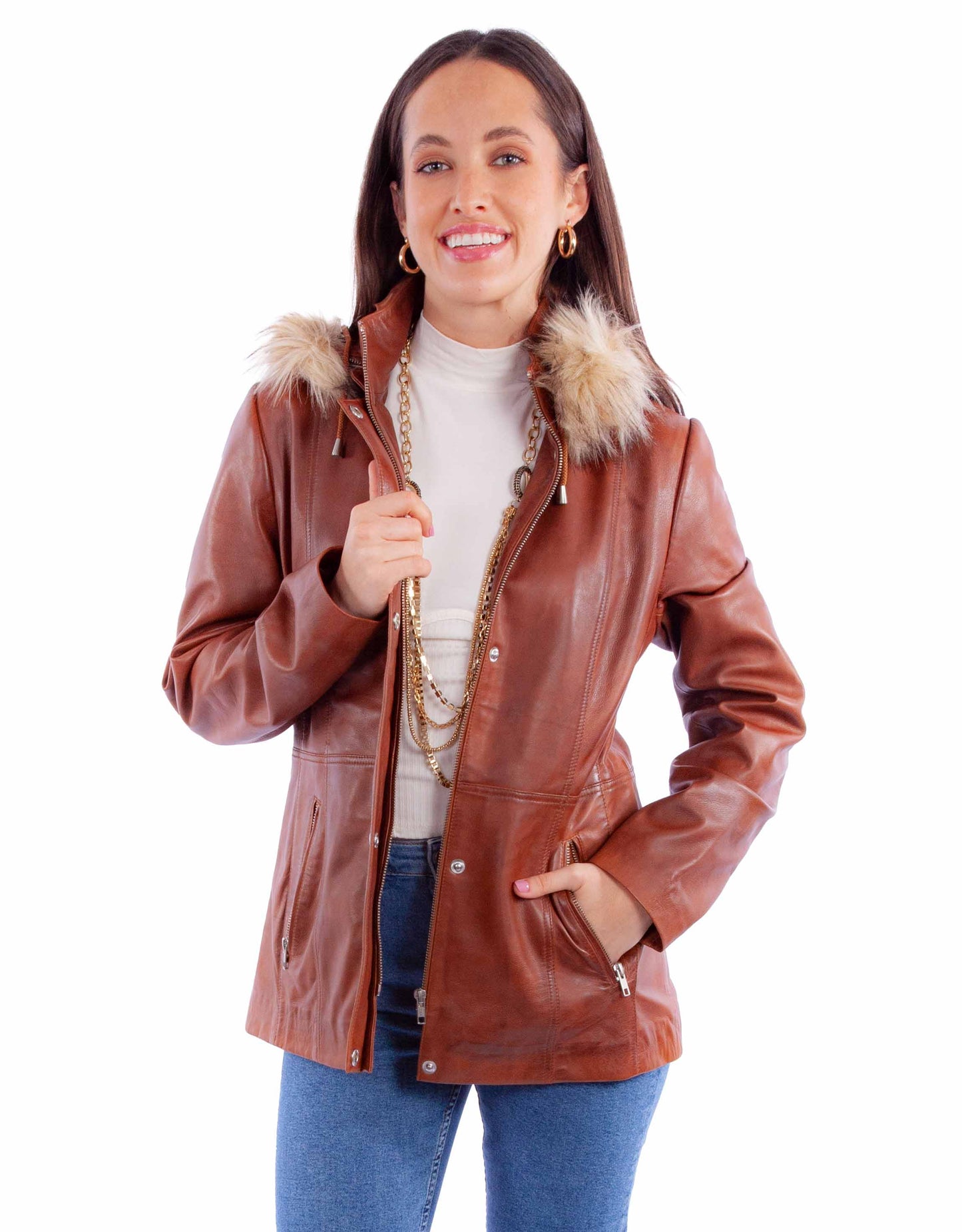 Brown leather jacket with fur hood on woman