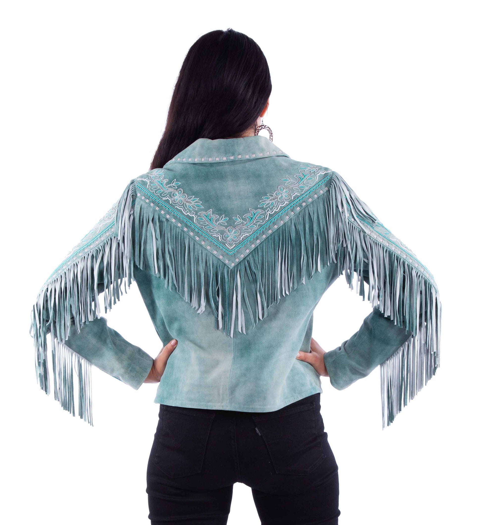 Teal suede fringe jacket L1120-169-BK