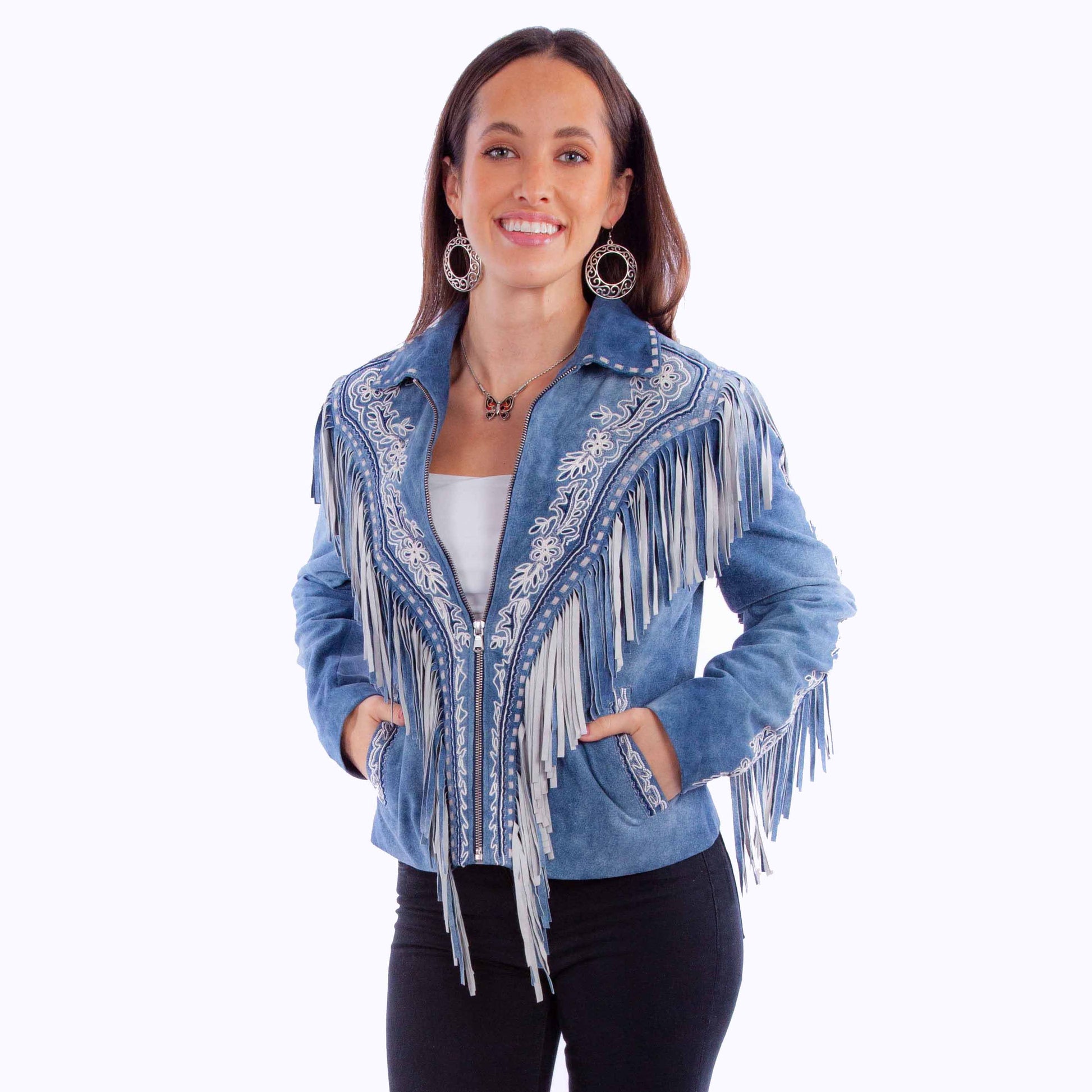 L1120-169 Blue Suede Fringe Jacket
