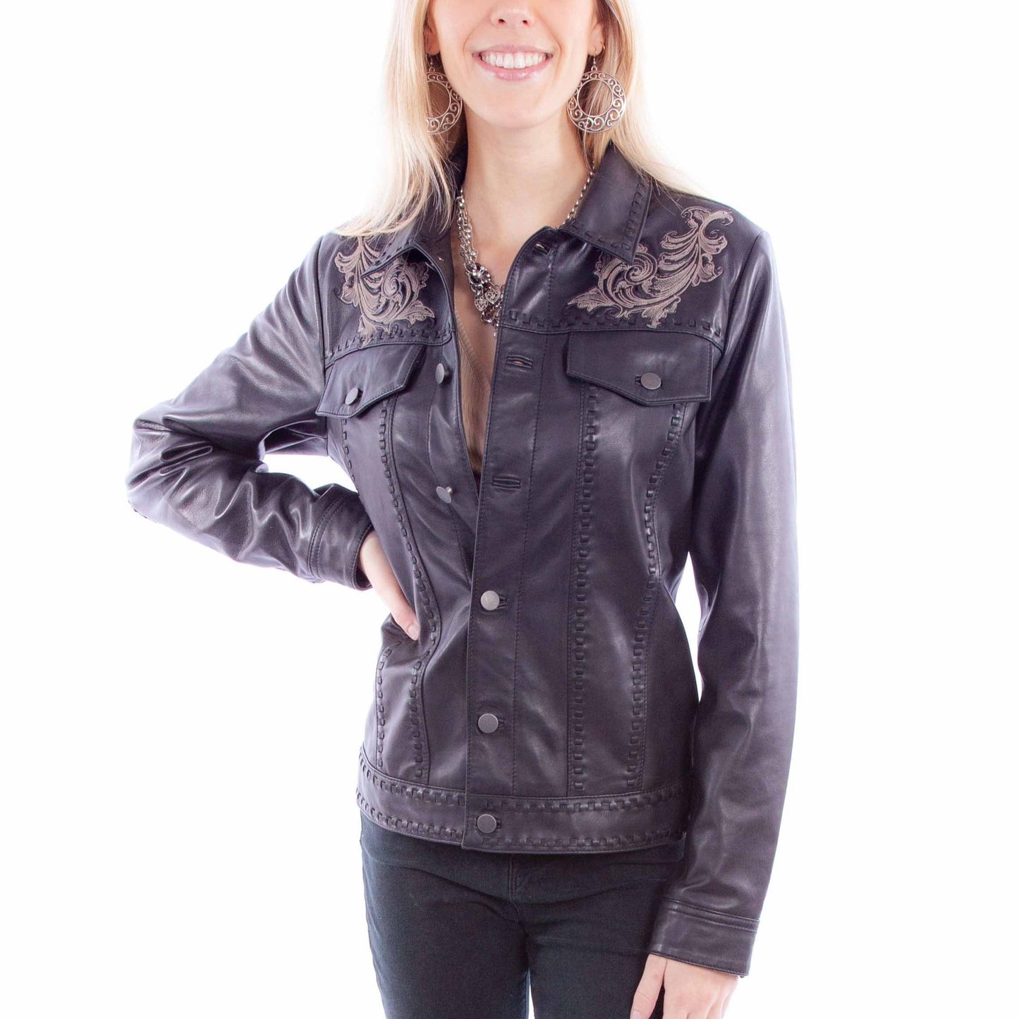 L1121-11 Embroidered Leather Jacket
