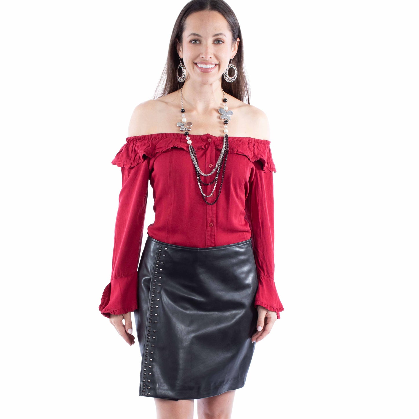 Black Lamb Studded Leather Skirt at Bourbon Cowgirl