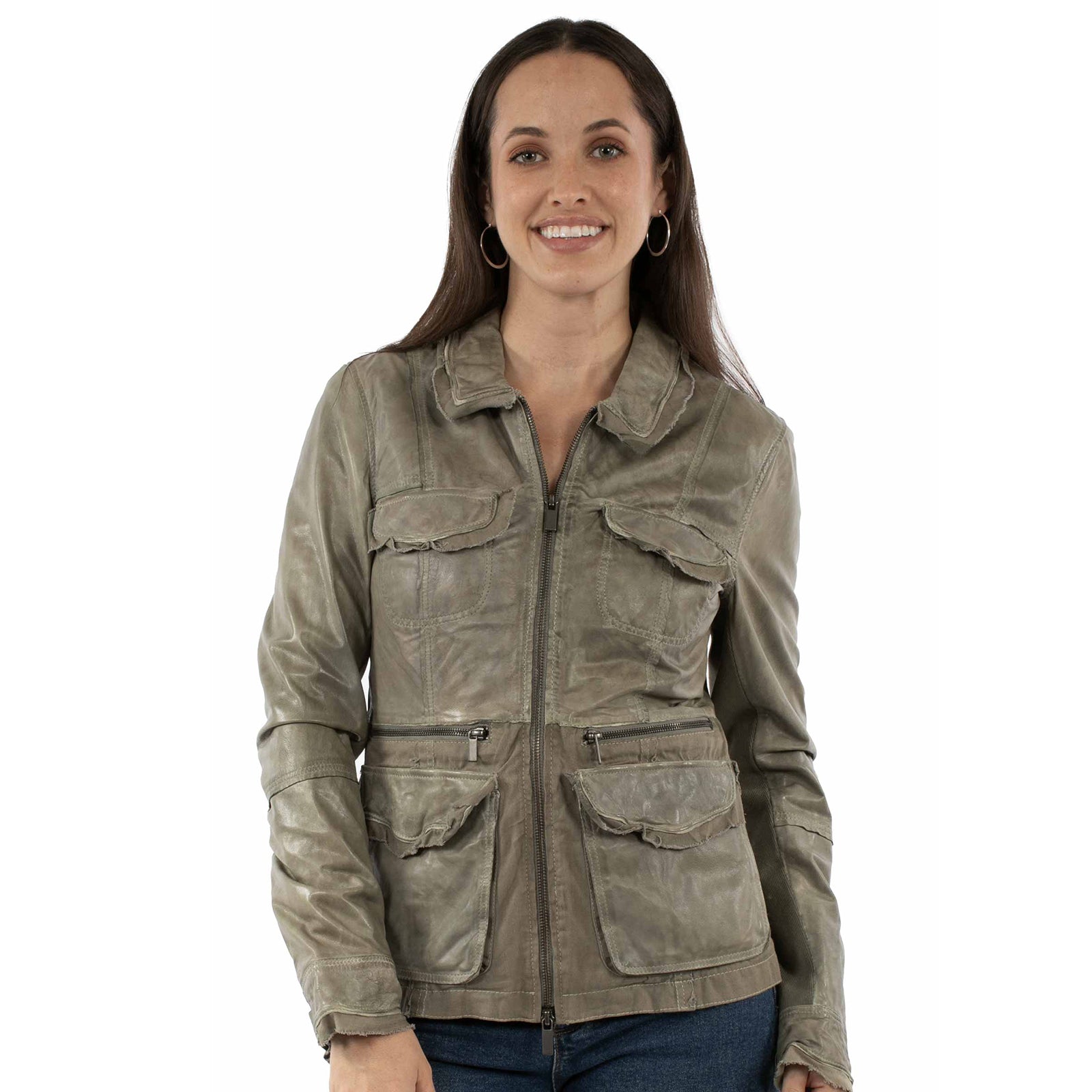 Woman wearing a green leather jacket