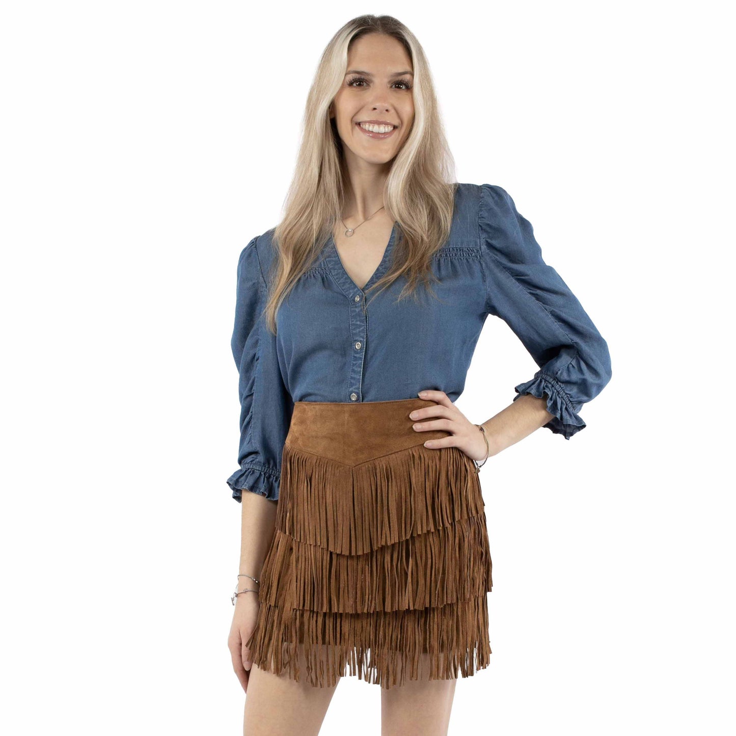 Brown Short Fringe Leather Skirt at Bourbon Cowgirl