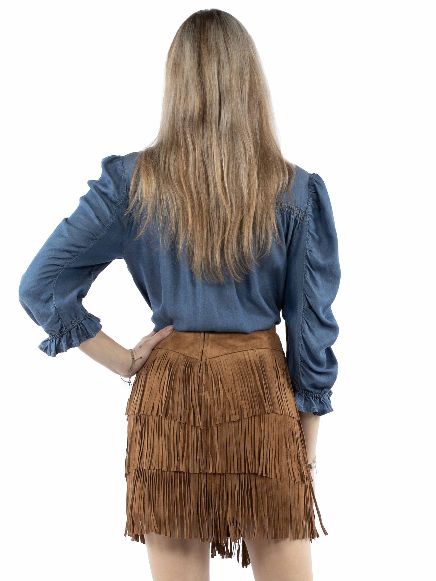 Brown Short Fringe Leather Skirt at Bourbon Cowgirl