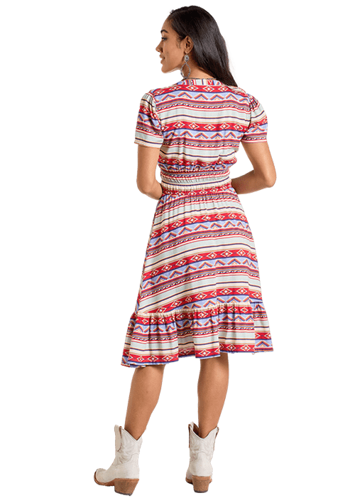 Woman wearing LWD1R06344 patterned dress