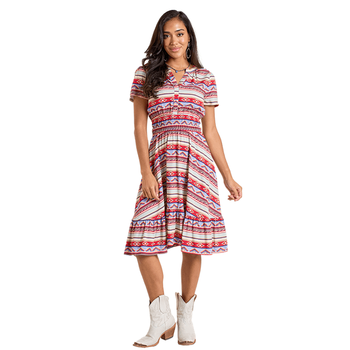LWD1R06344 patterned midi dress with a woman wearing white boots.