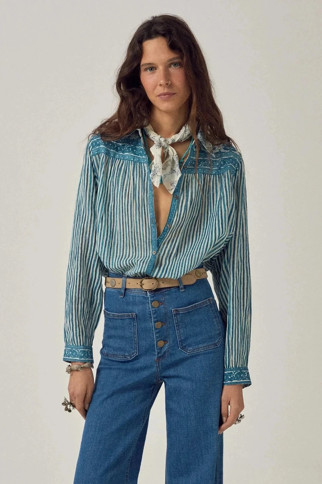 Maria Shirt Mediterranean Stripes Blue Ink by Maison Hotel