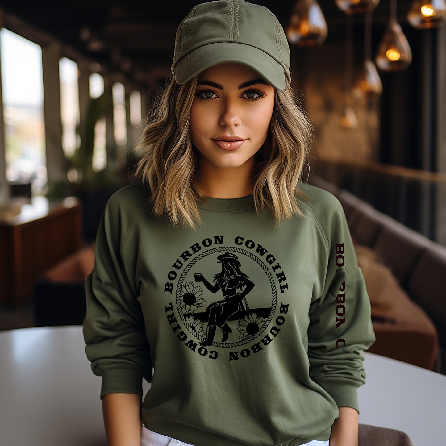 Woman in Mil Green Bourbon Cowgirl sweatshirt