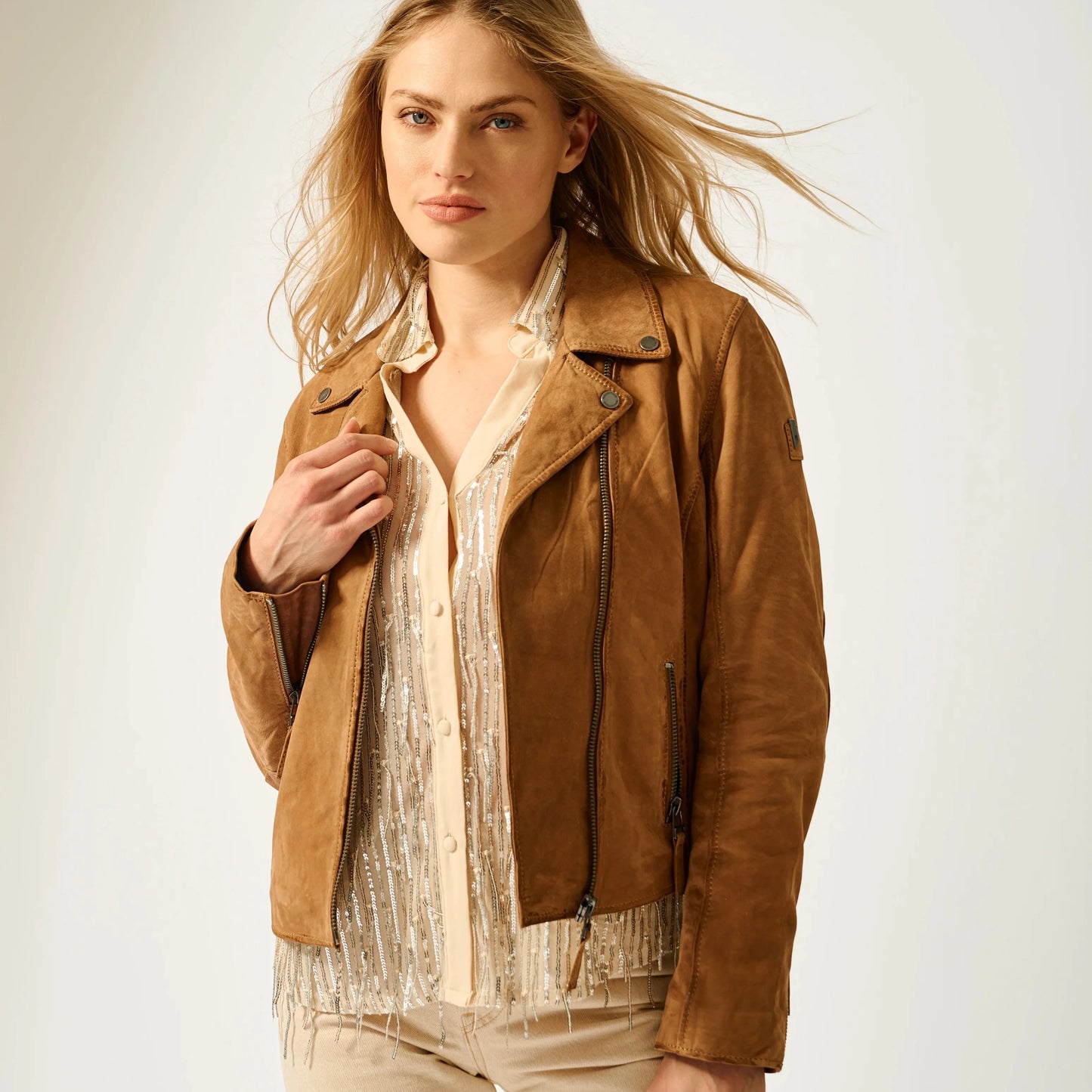 Misty Nubuck Leather Jacket by Mauritius in Cognac
