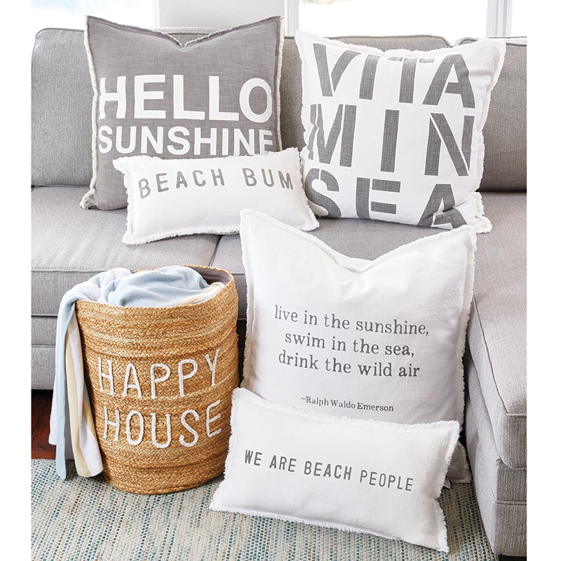 Coastal pillows & basket with quotes