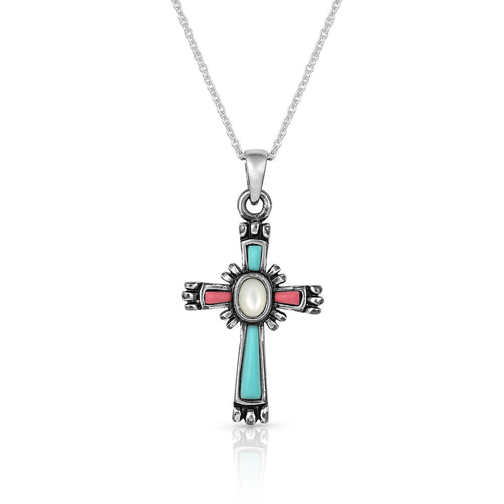 NC4911 Cross Necklace with turquoise, coral, and mother of pearl