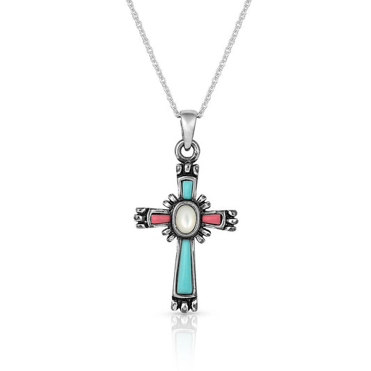 NC4911 Cross Necklace with turquoise, coral, and mother of pearl