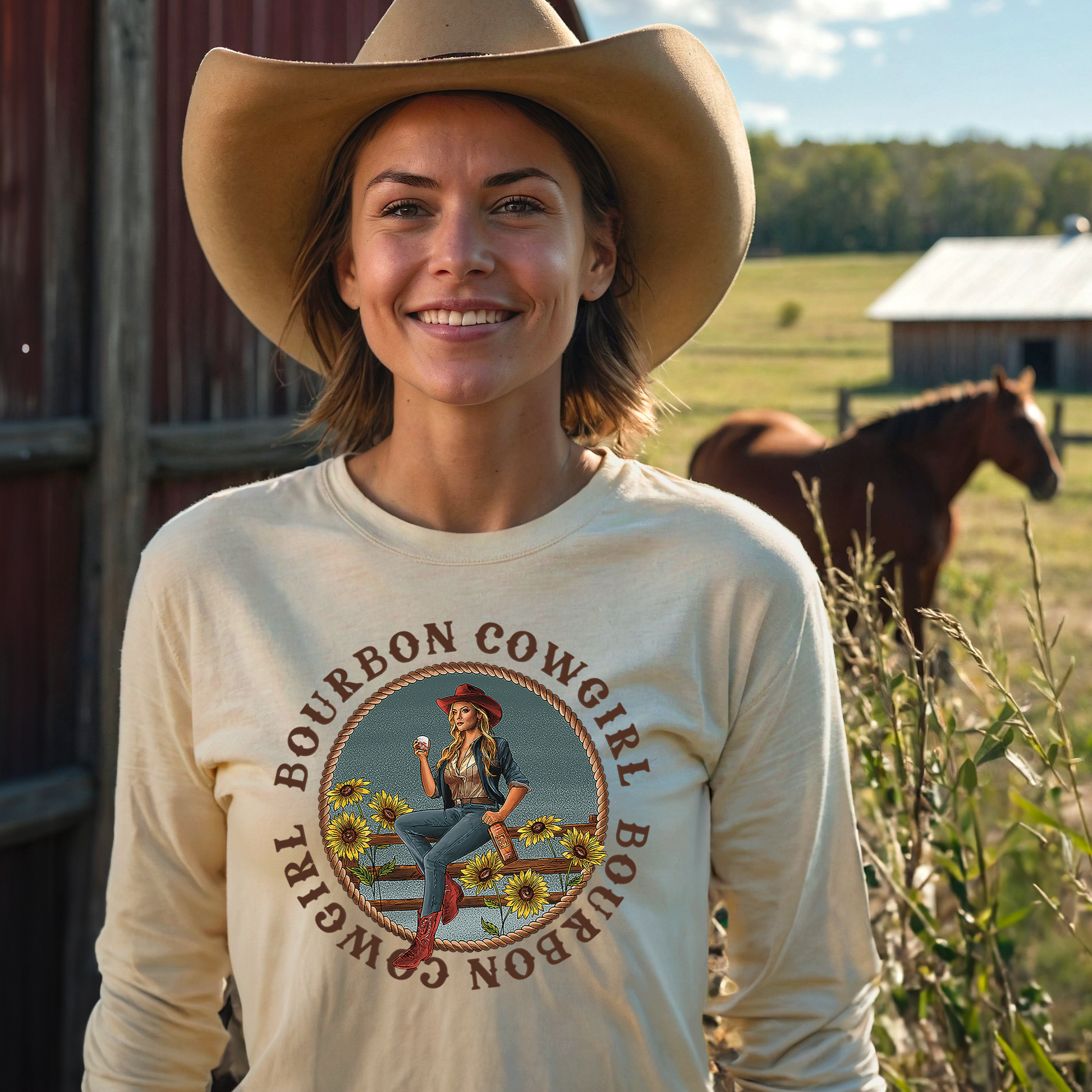 Woman in cowboy hat, Bourbon Cowgirl shirt
