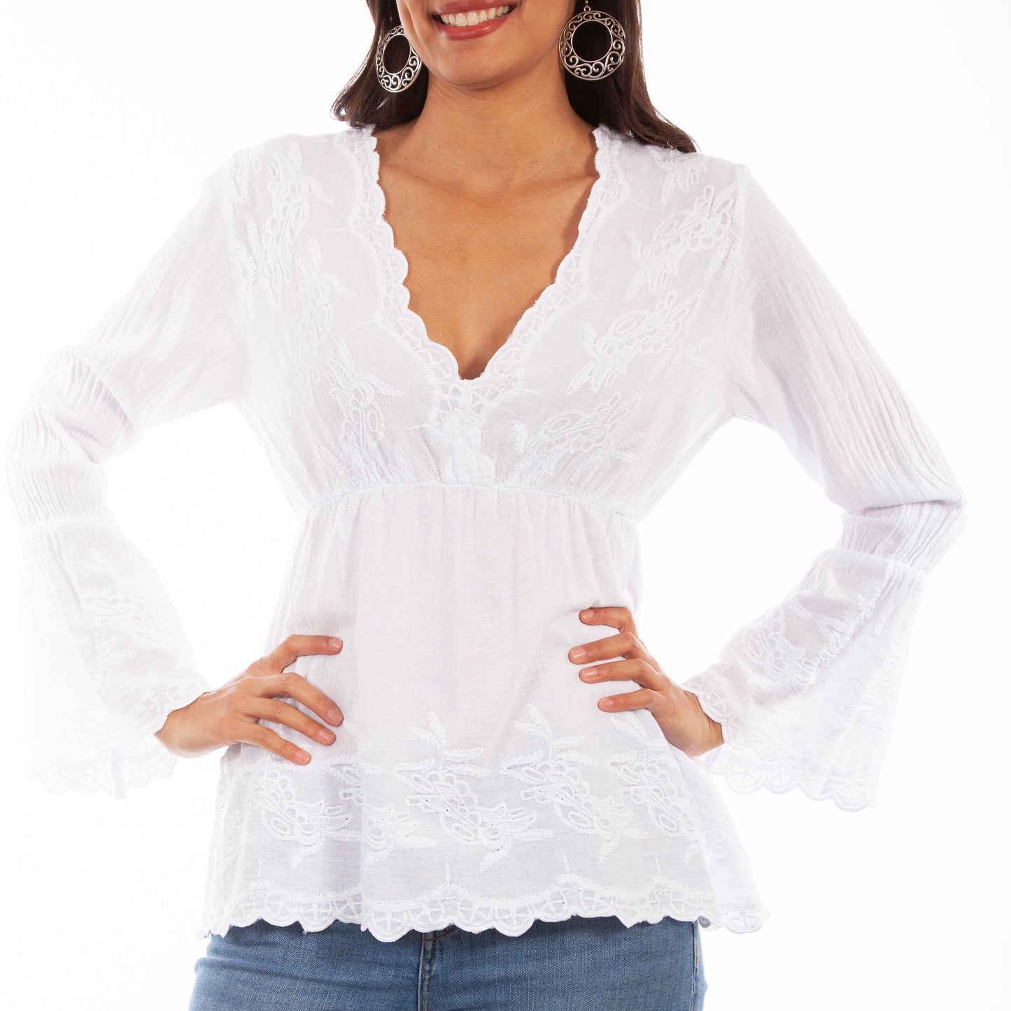 White Cotton Embroidered Blouse with Bell Sleeves Scully Bourbon Cowgirl