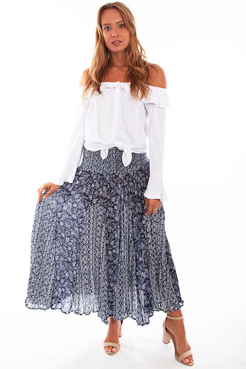 Blue floral skirt and white top, PSL-252-BLU