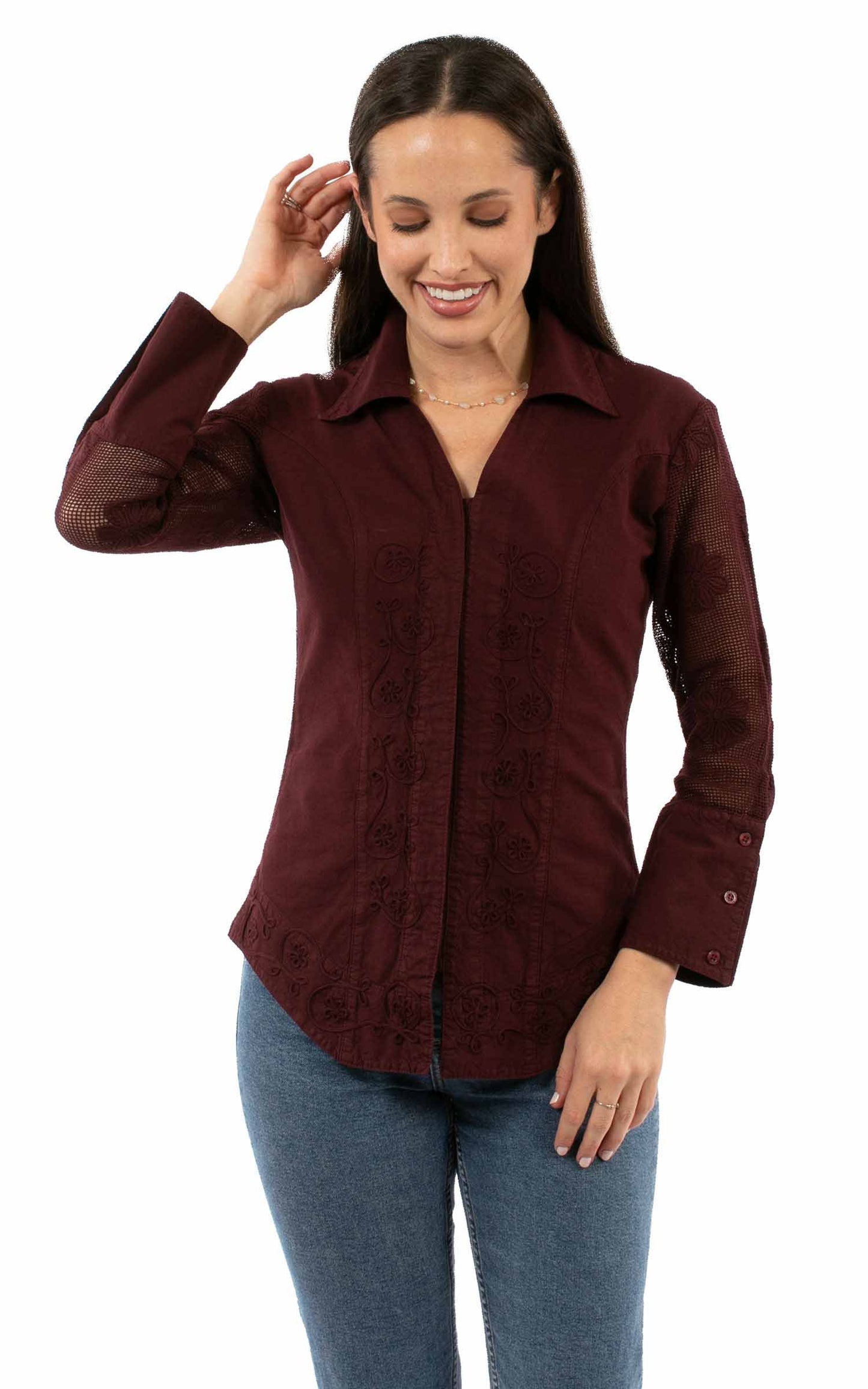 PSL-274-BUR Burgundy Blouse on a woman
