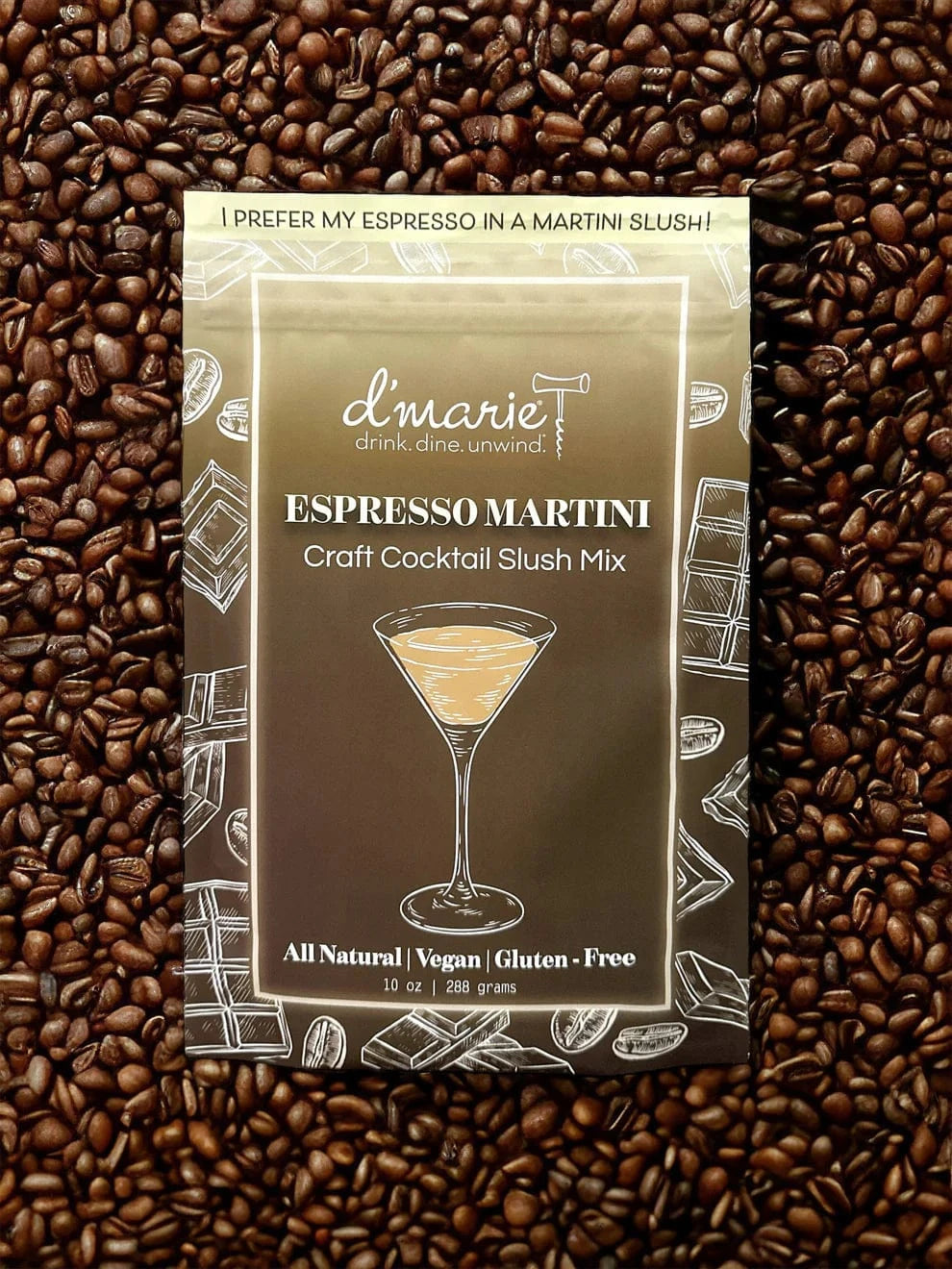 D'marie Espresso Martini Craft Cocktail Slush Mix on coffee beans
