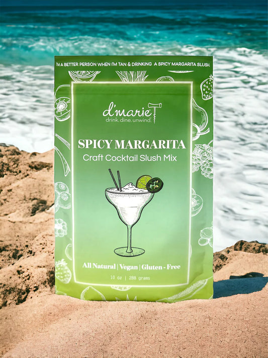 D'Marie Spicy Margarita Craft Cocktail Slush Mix on the beach