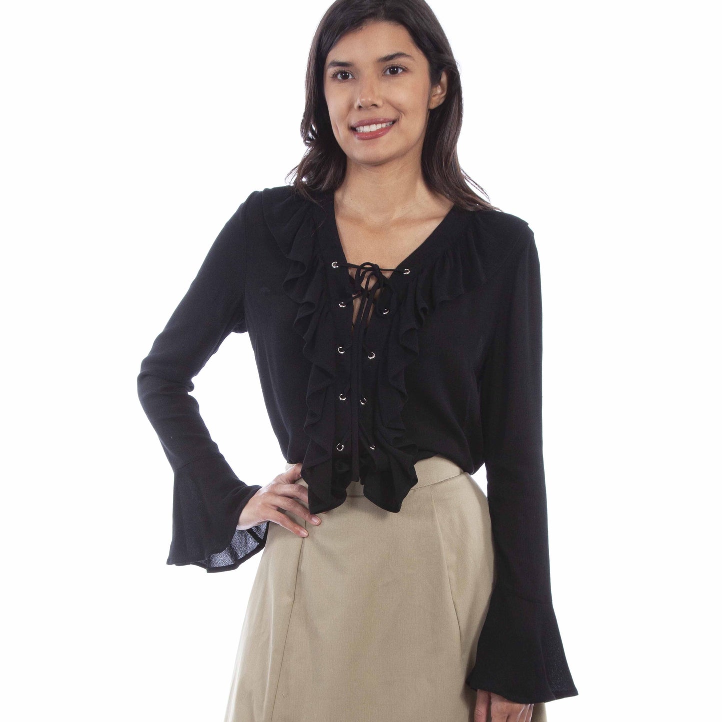 RW619-BLK Black Lace-Up Blouse