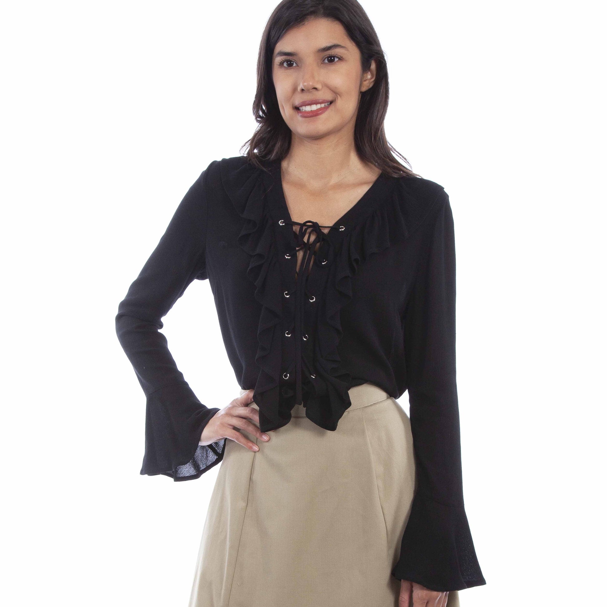 RW619-BLK Black Lace-Up Blouse
