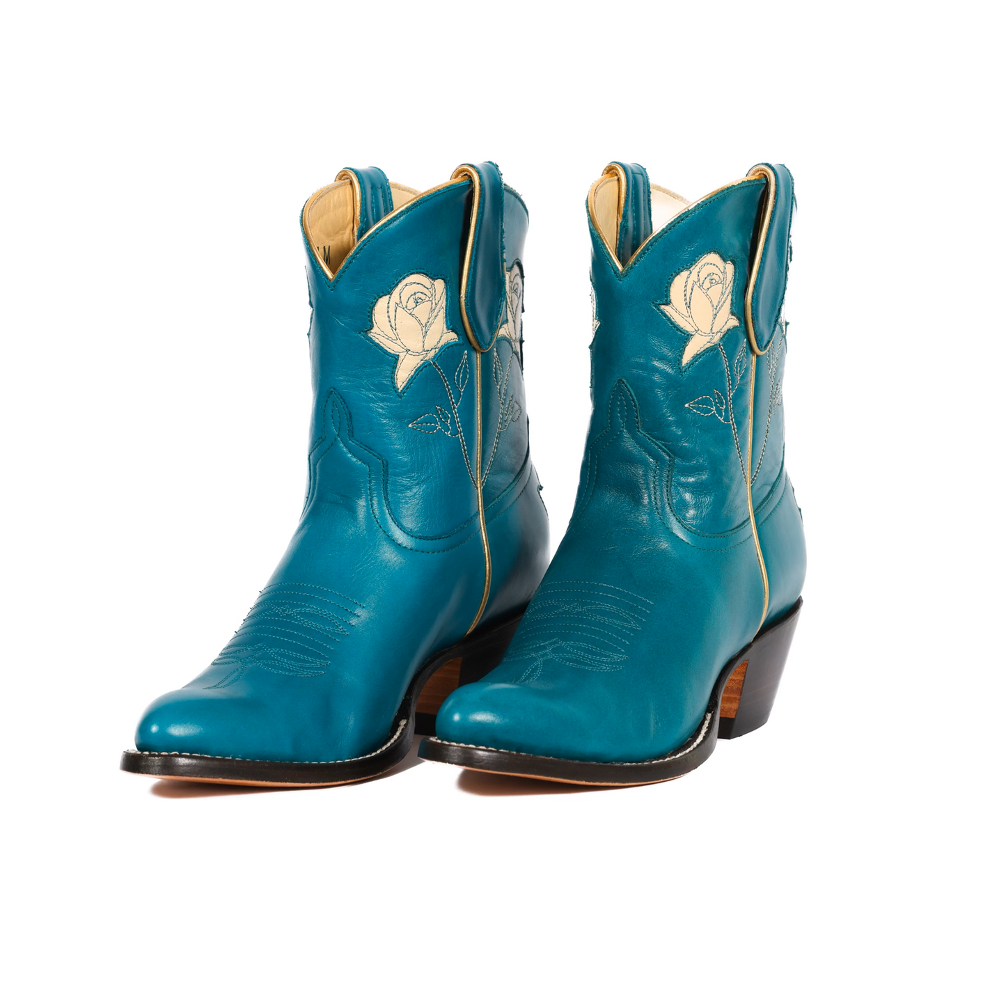 Teal Roseshortie3 cowboy boots with rose embroidery