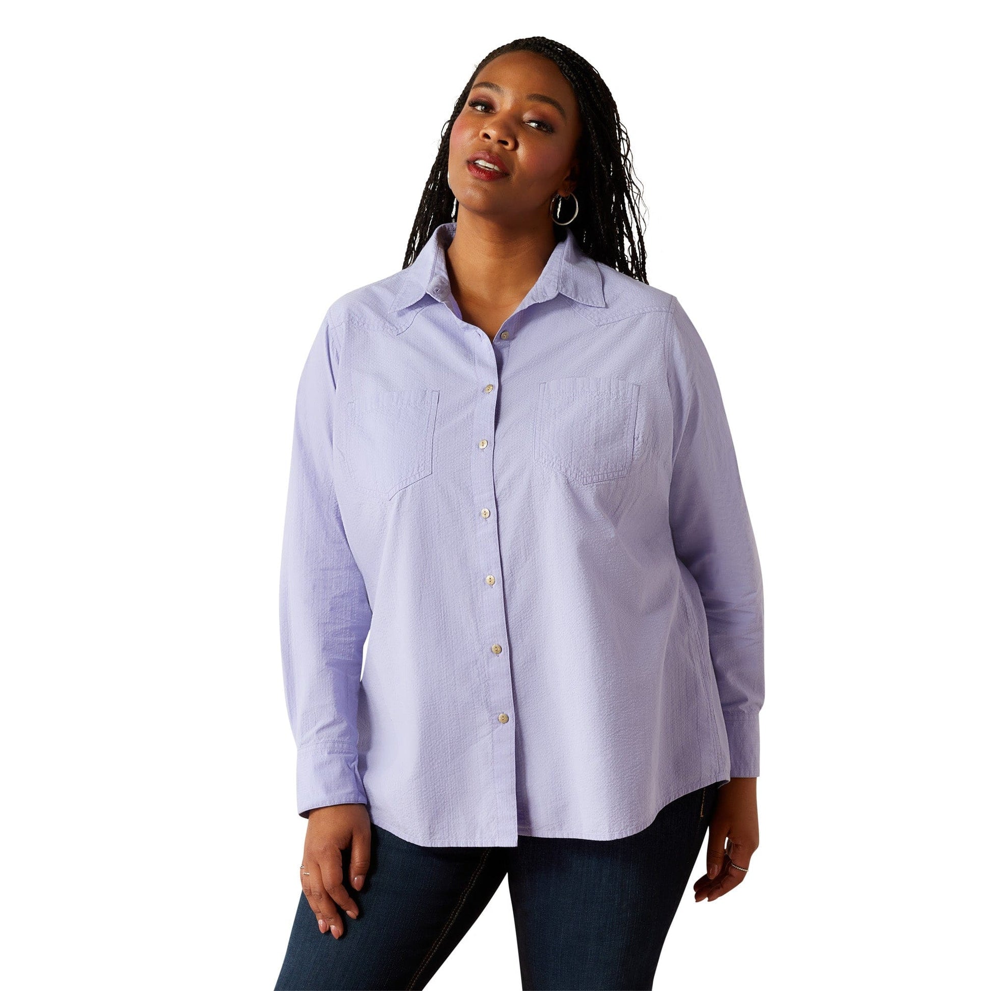 Lavender button-down shirt on model