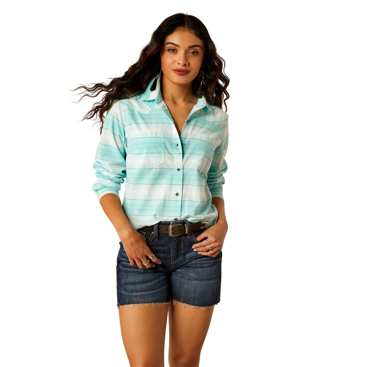Woman in S25 WMS WEST shirt and denim shorts