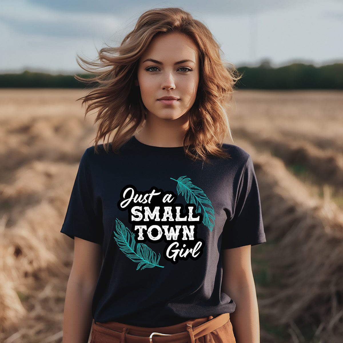 Girl in Just a Small Town Girl t-shirt
