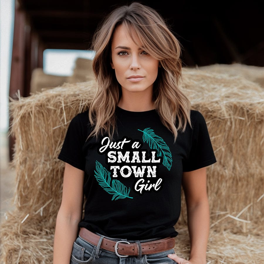 Woman in Just a Small Town Girl tee