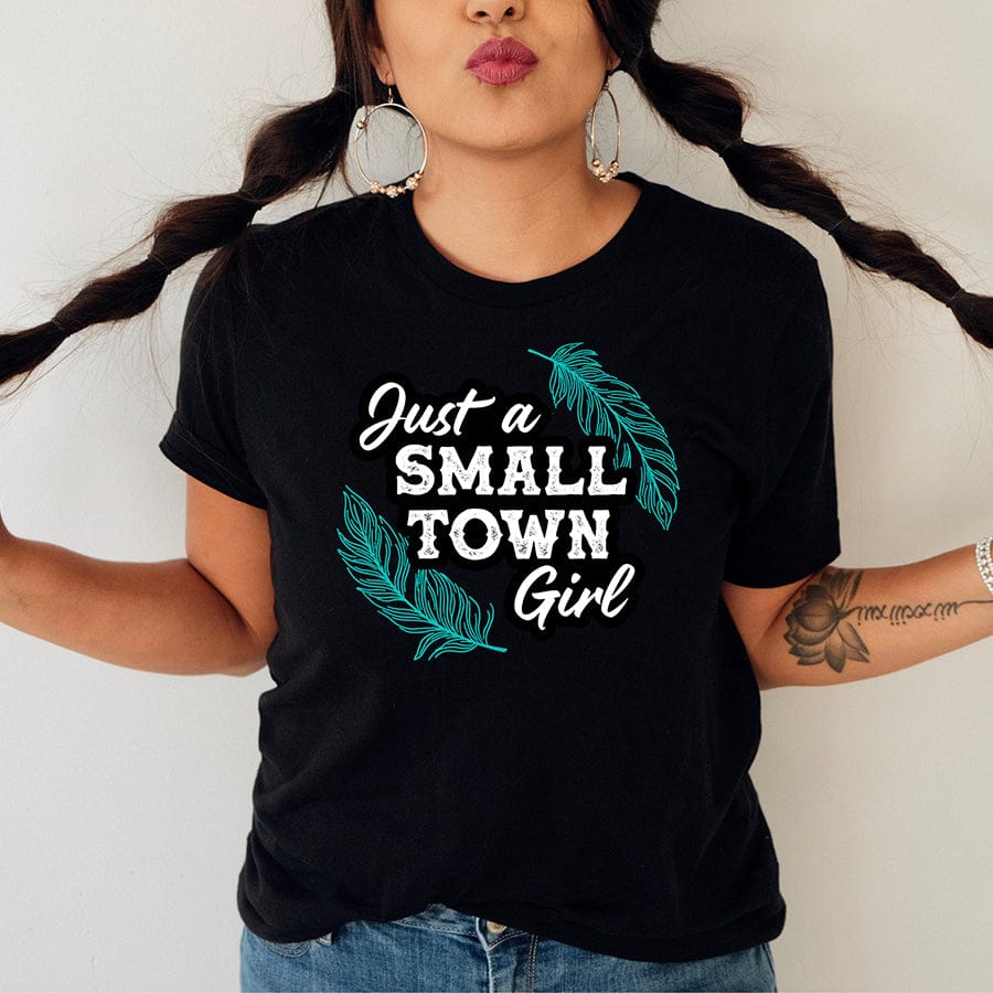 Woman in Small Town Girl shirt
